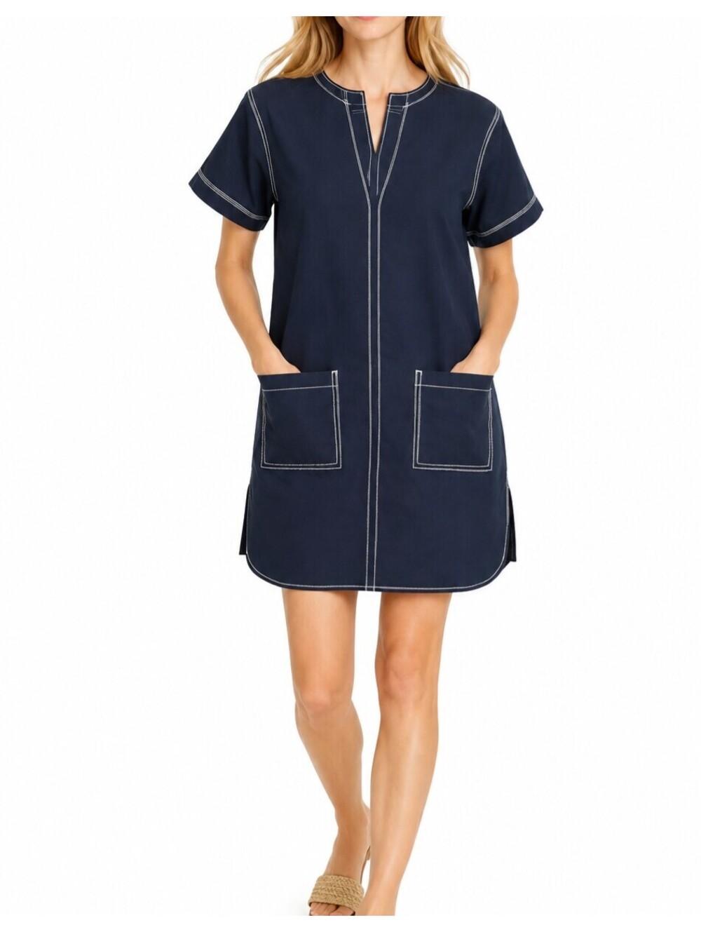 J.Crew Patch Pocket Pullover Mini Dress XS Navy Cotton Contrast Stitch NWT $148